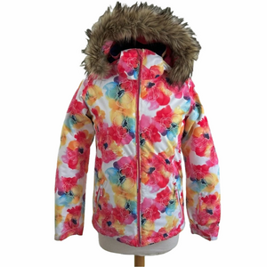 Roxy American Pie Ski Jacket 2020 Girls Size XXL 16 Floral Pink Faux Fur Hood